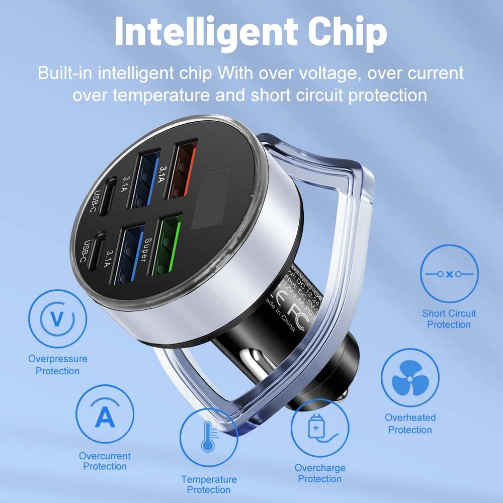 Total 150W USB C Car mobile phone Charger Adapter 4USB+2PD Super Fast Charge with Voltage Monitor for iPhone Samsung