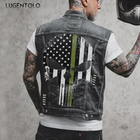 Chaqueta vaquera de calavera para hombre, chaleco vaquero de motocicleta de talla grande, ropa de calle de primavera y verano