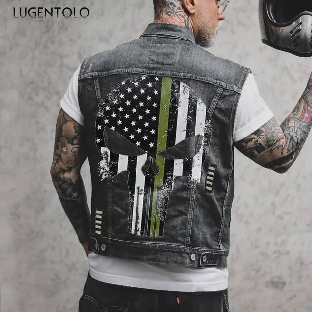Chaqueta vaquera de calavera para hombre, chaleco vaquero de motocicleta de talla grande, ropa de calle de primavera y verano 1