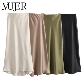 MUJER Woman 2026 Satin Skirt Women High Waist Long Skirts For Women Summer Black Midi Skirt Woman Office Elegant Women's Skirts 1