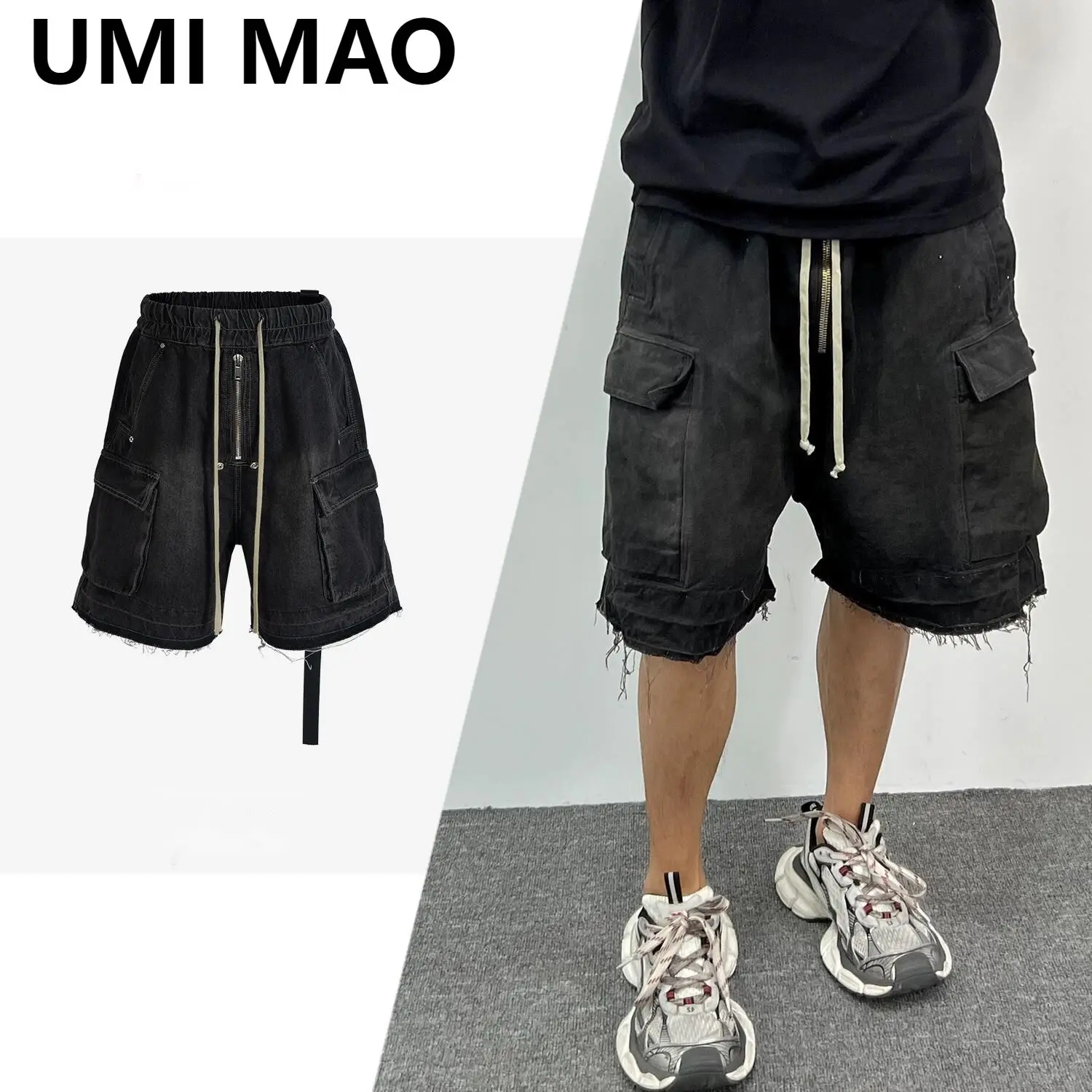 UMI MAO R0 Style Shorts High Street Patchwork Cat Whisker Workwear Pants Trendy Multi Pocket Denim Trousers Men's Women's