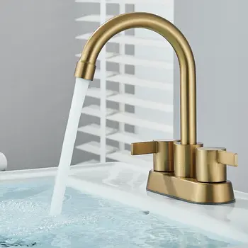 4 Inch 2-Handle Brushed Gold Bathroom Faucet for Lavatory with Pop-up Sink Drain and Faucet Supply Lines 3