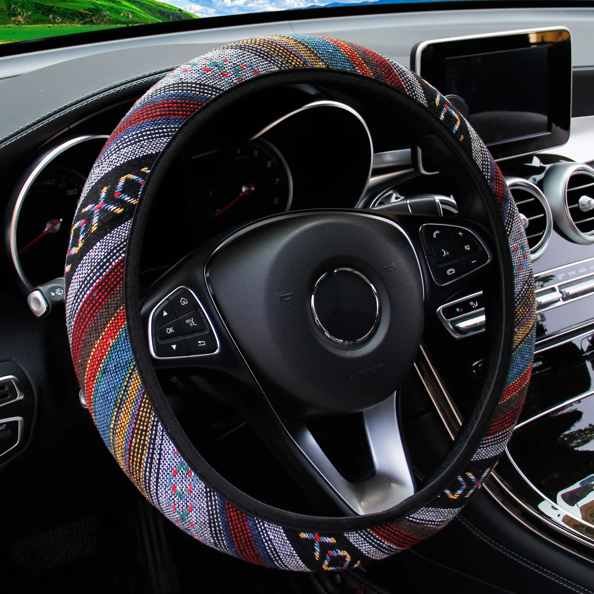 Bohemian-Stil Leinen Atmungsaktiver Rutschfester Auto-Ornament Ohne Innenring Lenkradbezug Passend für 14,5-15 Zoll – Detail 5