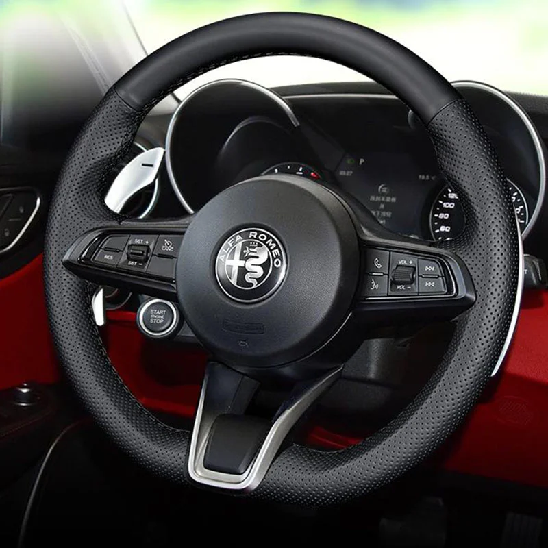 

For Alfa Romeo Stelvio Giulia 2020-2022 DIY Hand-stitch Black Leather Car Steering Wheel On Wrap Cover
