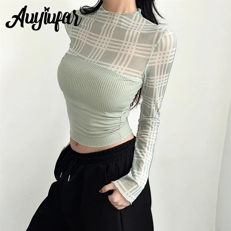 

Auyiufar Mesh Patchwork Y2k Grunge Aesthetic Sexy T-shirts Women Bodycon Acubi Fashion Crop Tops Vintage Plaid Ribbed Streetwear