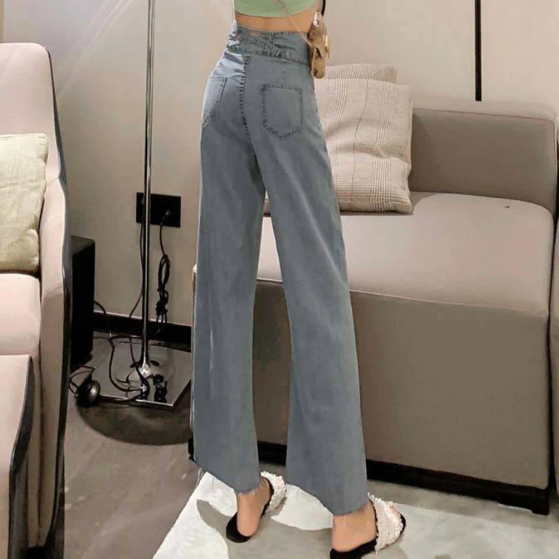 Women Mopping Long Solid Wide-leg High-waist Hollow Out Korean-style Sexy Trendy Womens Chic Slim Drape Vintage Summer New Jeans