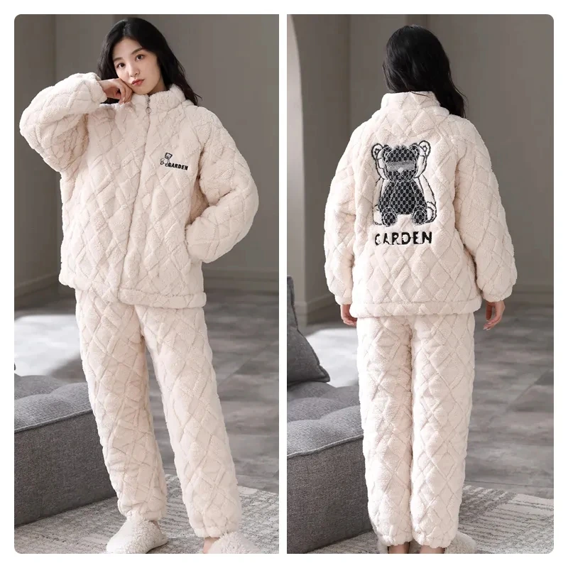Winter New Women Three-layer Padded Pajamas Female Thickened Warm Fleece Loungewear Coral Fleece Sleepwear Stand Neck Nightwear