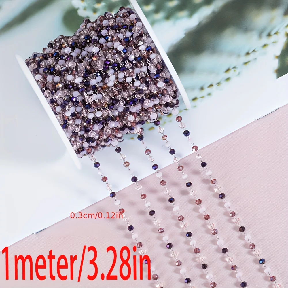 Purple Crystal Bead Stainless Steel Chain for DIY Jewelry and Necklace Crafting - 1 Meter
