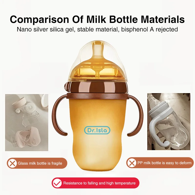 Milk bottle feeding bottle baby feeding utensils 150ml/250ml Baby Silicone Bottle With Handle Nano Silver Antibacterial Baby Weaning Anti-Choking Nipple Bottle BPA Free