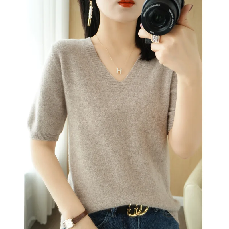 Camisola de malha de manga curta com decote em v feminino primavera verão novo estilo cor sólida roupa interior plus size camisa de base de malha