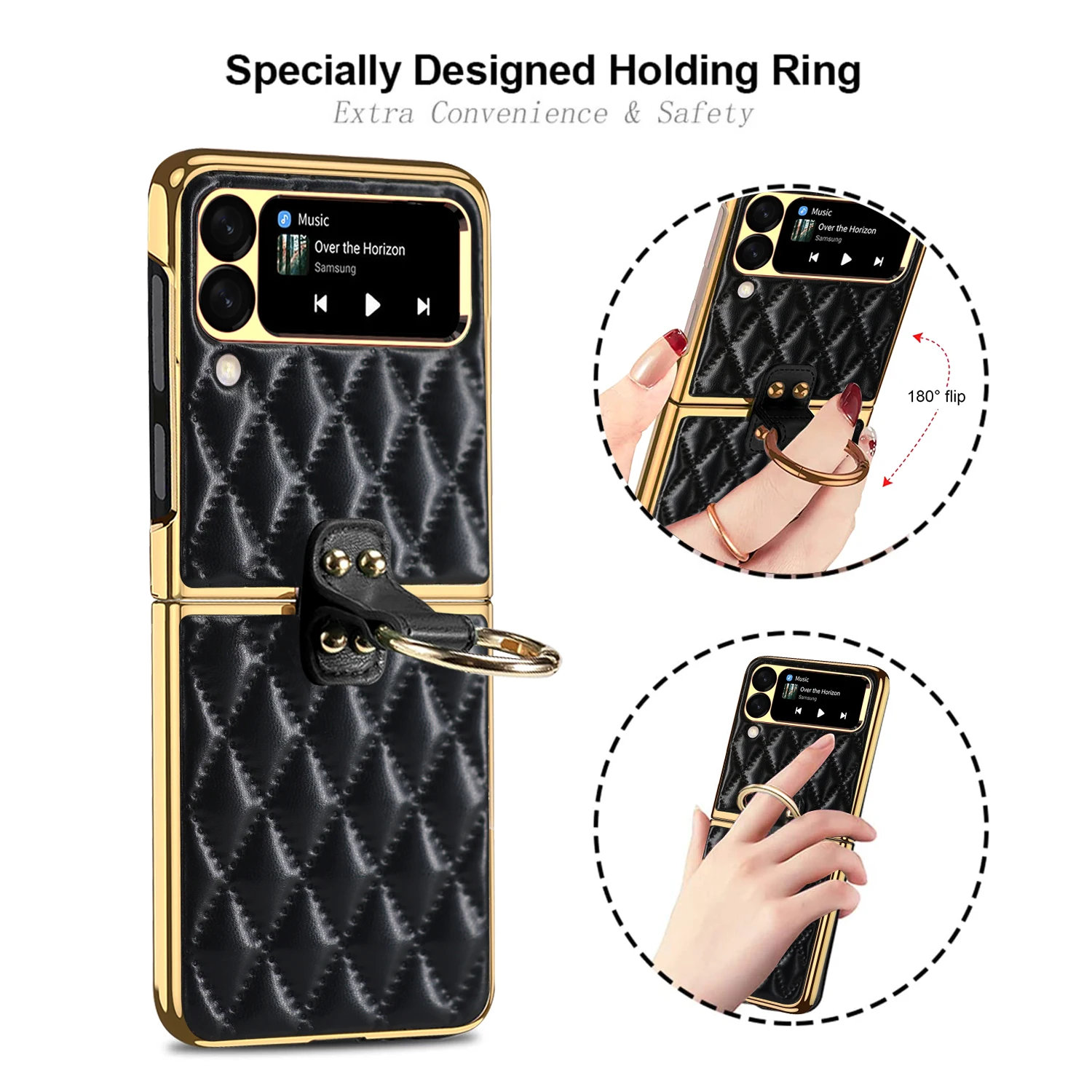 Leather Case for Samsung Galaxy Z Flip5 4 3 5G Ring Holder Shockproof Protective Cover with Camera Lens Protection Plating Frame