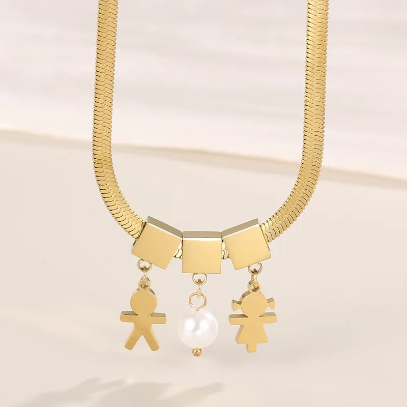 

Snake Bone Chain with Pearl&girl&boy Charm Pendant Necklace for Women Stainless Steel Fashion Jewelry Gift