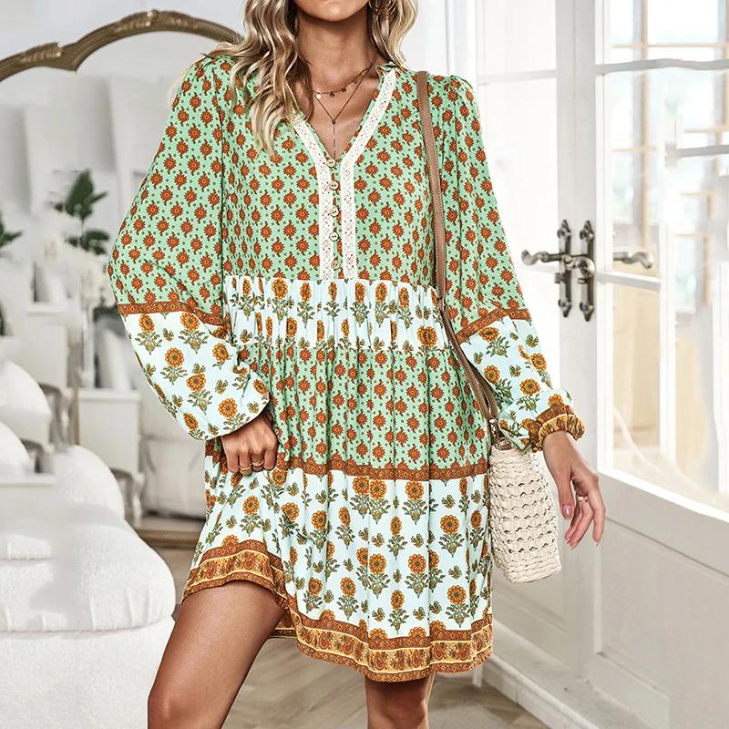 

Fashion Bohemian Print Dress Women V-Neck Button Lantern Long Sleeve Mini A-Line Dresses Elegant Beach Holiday Dress Vestidos