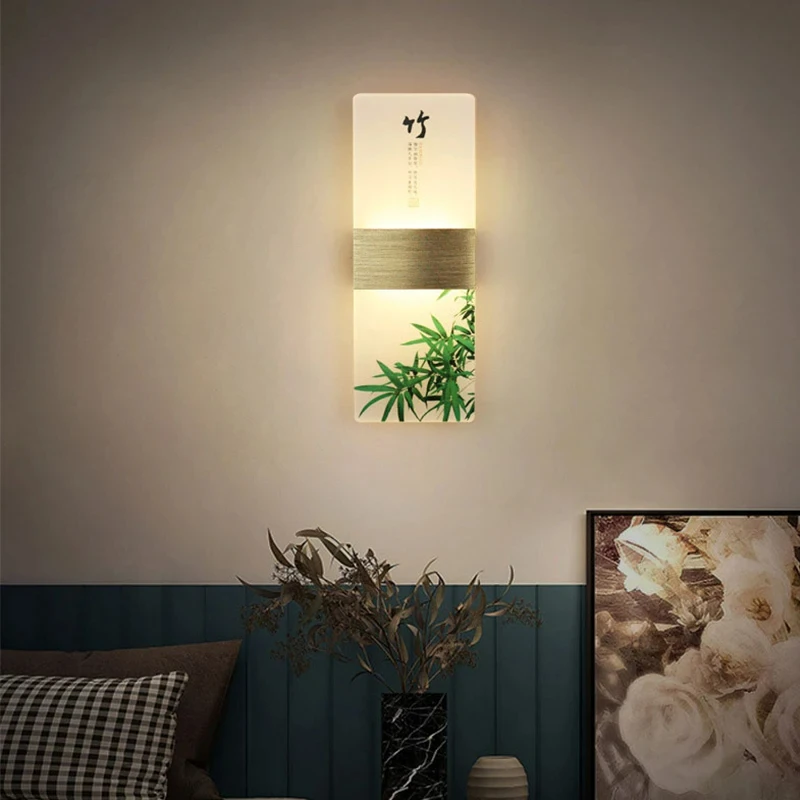 LED 실내 벽 램프, 아크릴 기능, 중국 관용구 스타일 식물 인쇄 벽 조명, 6W 침실 거실 발코니 침대 옆 조명