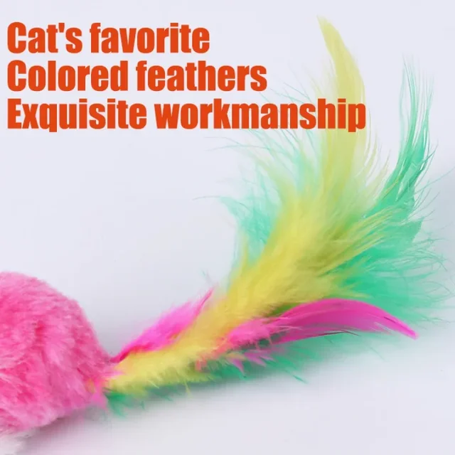 1PC Fake Mouse Colorful Feather Interacts with Cat Cute Soft Wool Fun Play Training Cat Kitten Pet 3