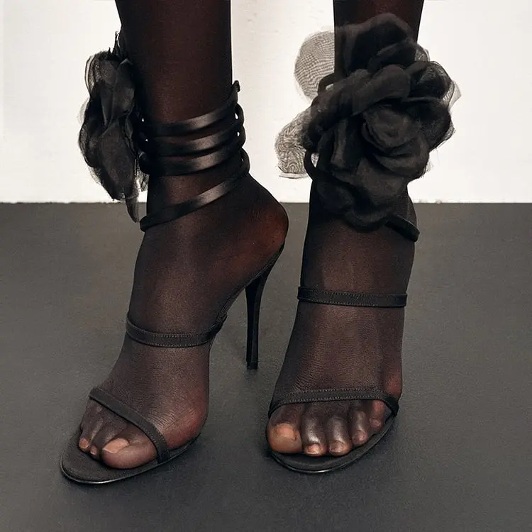 

Сандалии женские на шпильке с открытым носком, свадебные босоножки с ремешком на пятке, с цветочным принтом, однотонные черные туфли с ремешком на щиколотке