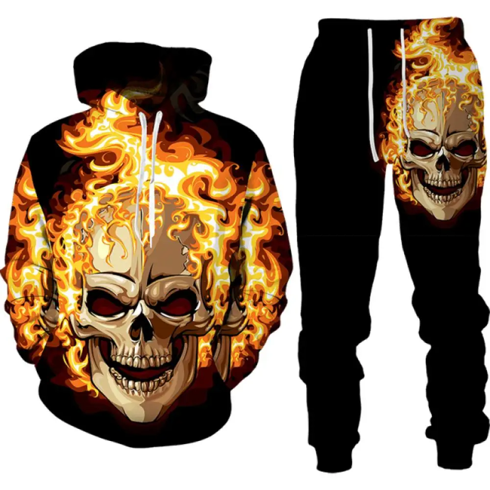 Men Flame Print Hoodie Sweatpants Tracksuit Set