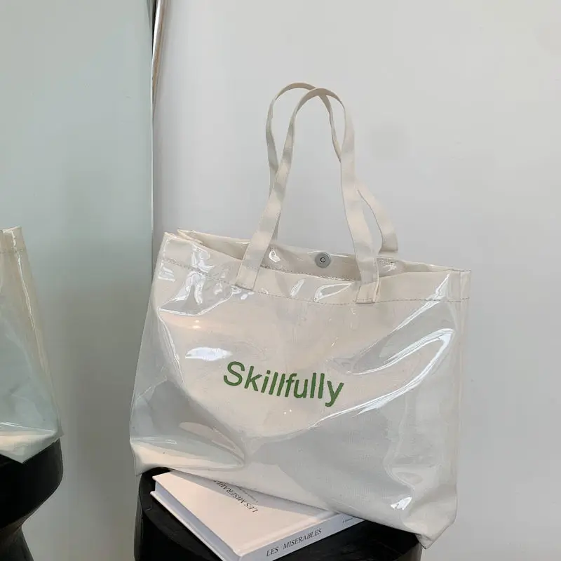 

Tote Bag Jelly Pure Color PVC Large-Capacity Female Student All-Match 2021 New Ins Texture Shoulder Bag Summer Letter Printing