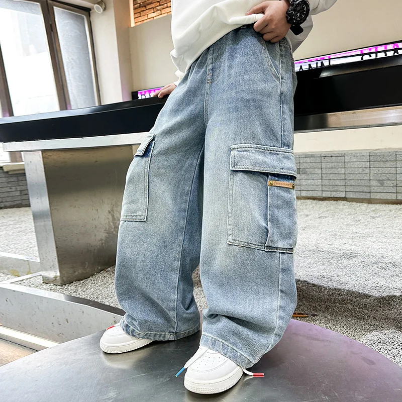 School Boys Casual Cargo Jeans With Pocket Preppy Loose Style Teenage Child Denim Pants High Fashion Kids Jeans Trousers 5-14 Y - Image 6