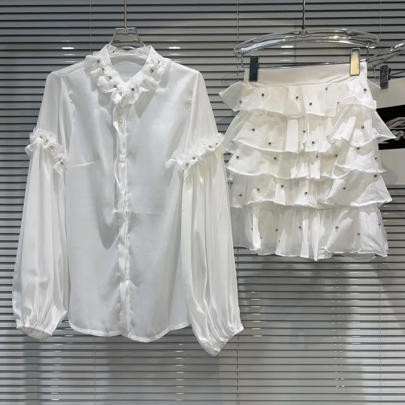 

BORVEMAYS 2024 Summer New O Neck Diamonds Single-breasted Solid Color Mesh Loose Shirt + Ruffles Cake Skirt Two-piece Sets