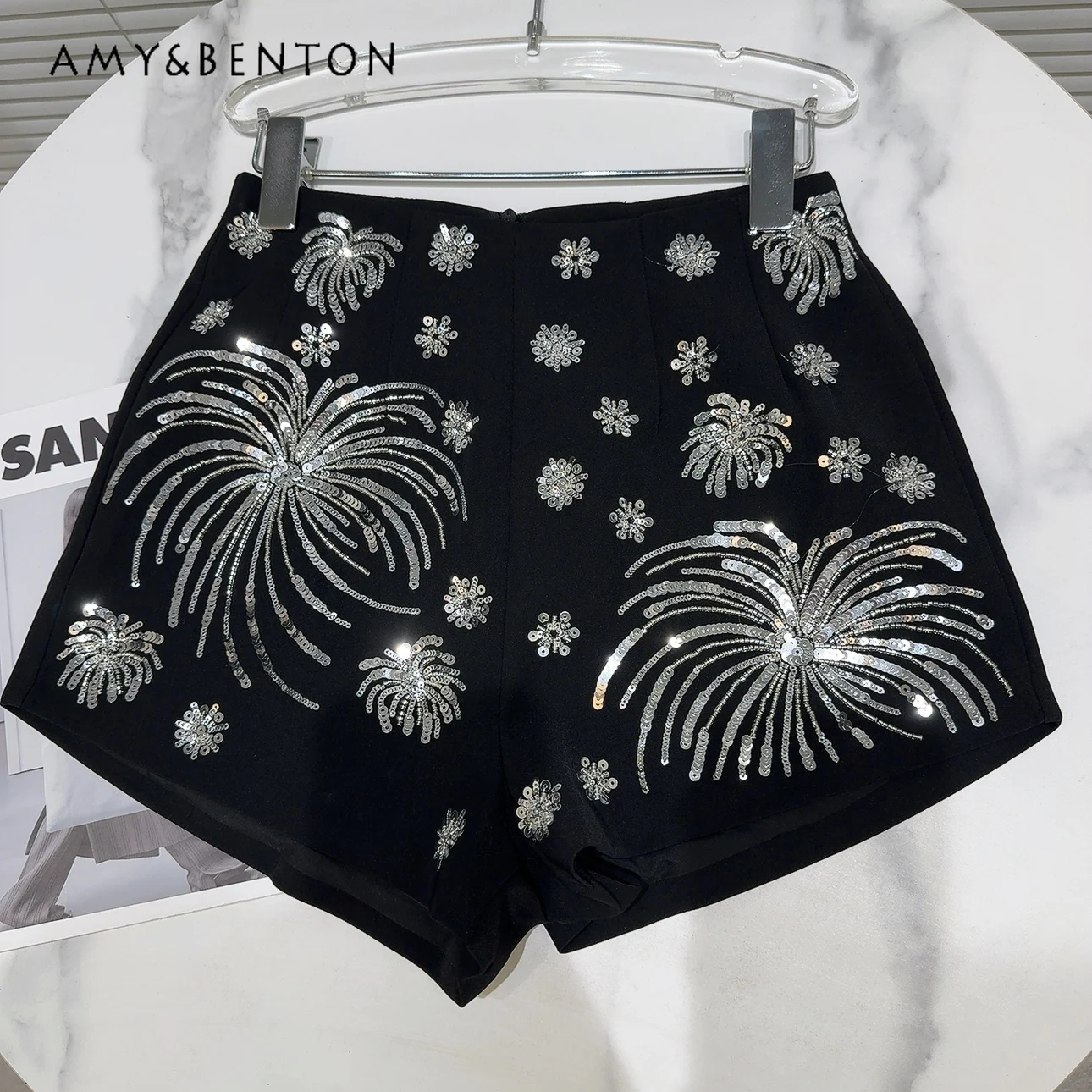 2024 Summer New High-Grade Silver Paillette Vintage Embroidered Shorts Women High Waist Slimming Wide-Leg Pants Fashion Shorts