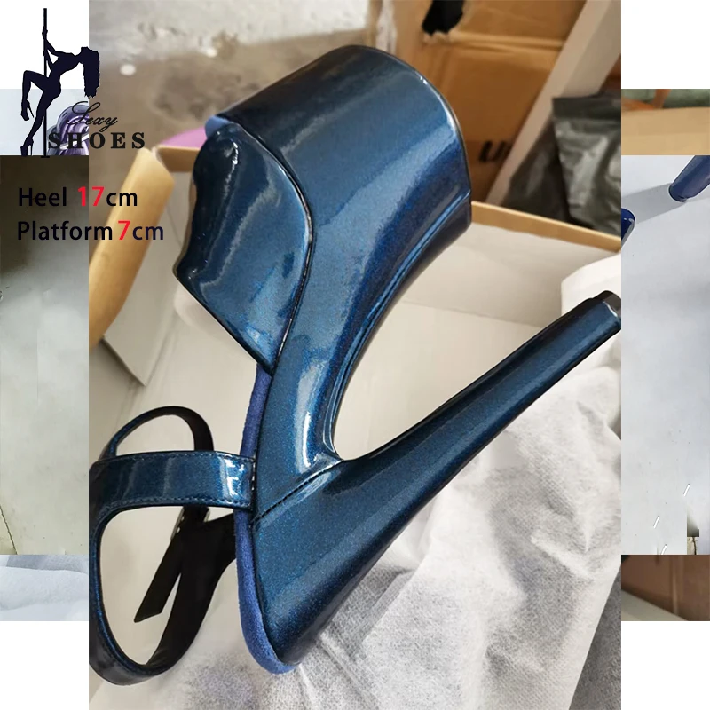 17CM Shiny PU Sexy Sandals Summer Fashion Buckle Strap Platform High Heels Women Sexy Peep Toe Extreme Stripper Pole Dance Shoes