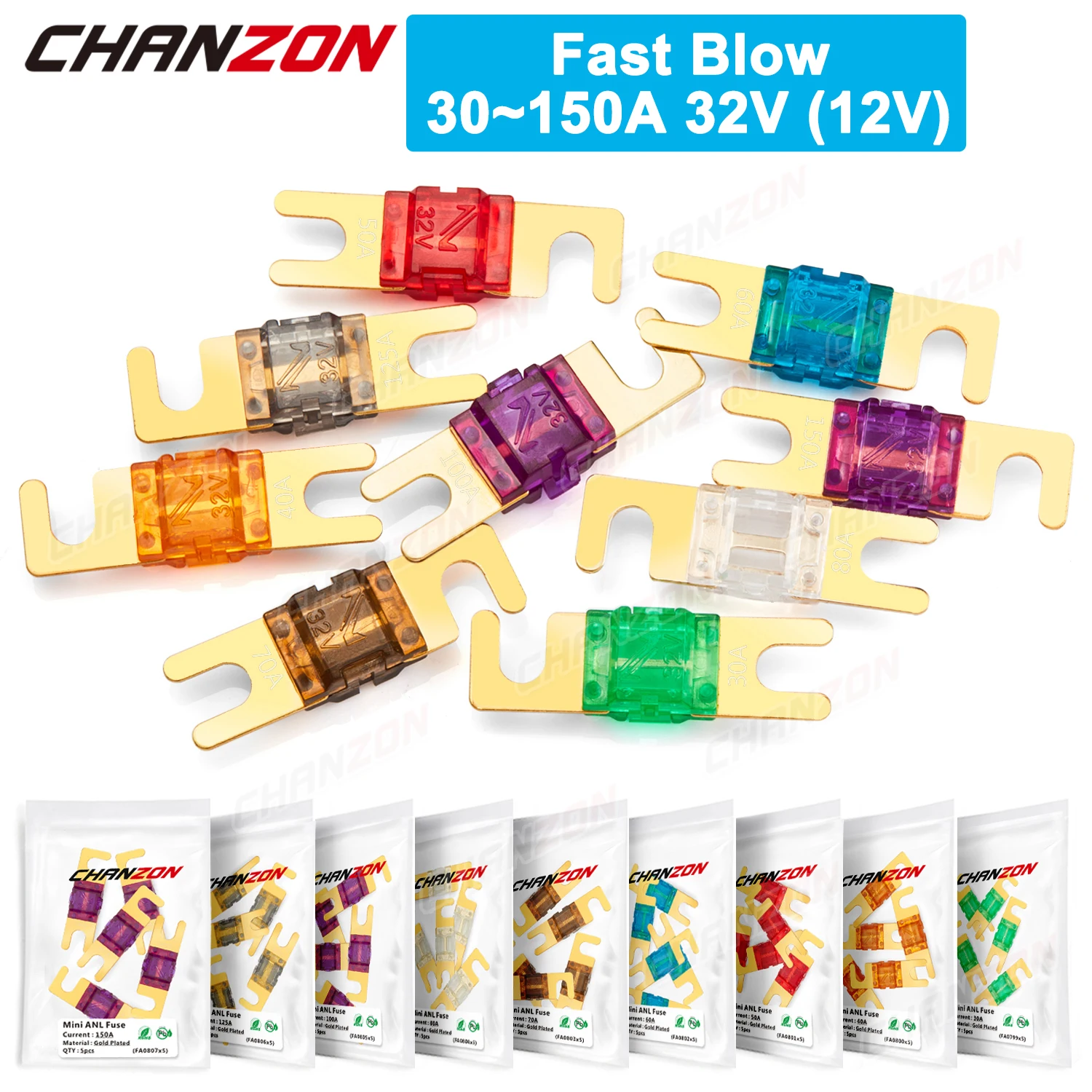 5 Pz Mini Anl Auto Fusibile Elettrico Afs 30A 40A 50A 60A 70A 80A 100A 125A 150A 5V 12V 24V 32V Fast Blo Cutoff Auto Fusee