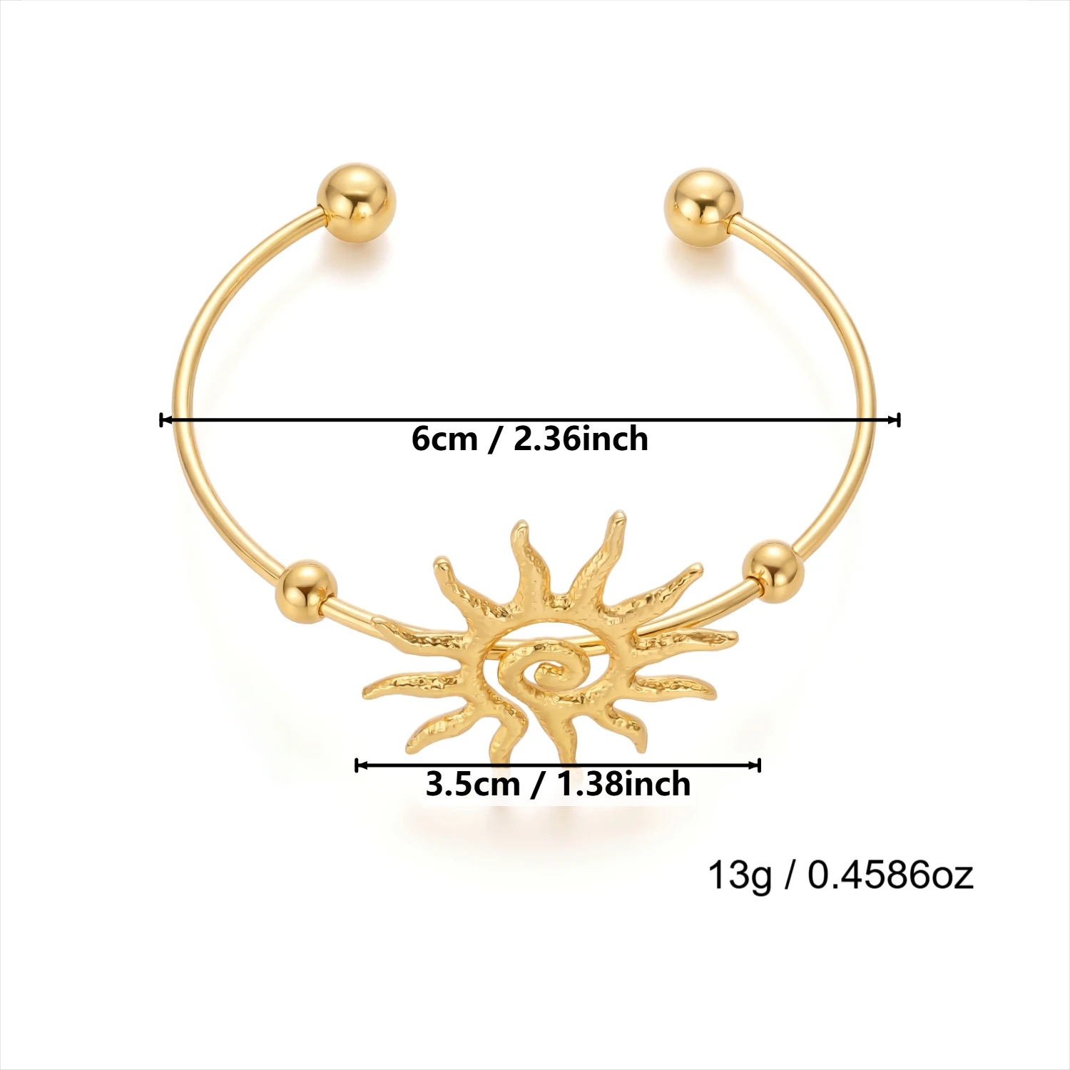 Gmai Bohemian Goldfarbenes Sonnen-PVD-beschichtetes Edelstahl-Armband, offener Armreif für Damen, Strandparty-Schmuck, Pulseras-Geschenk – Detail 7