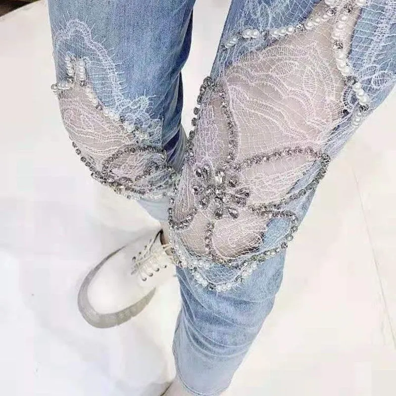 

Прозрачные кружевные вышитые бисером джинсы женские летние узкие штаны с высокой талией-карандаш стрейч из денима s184