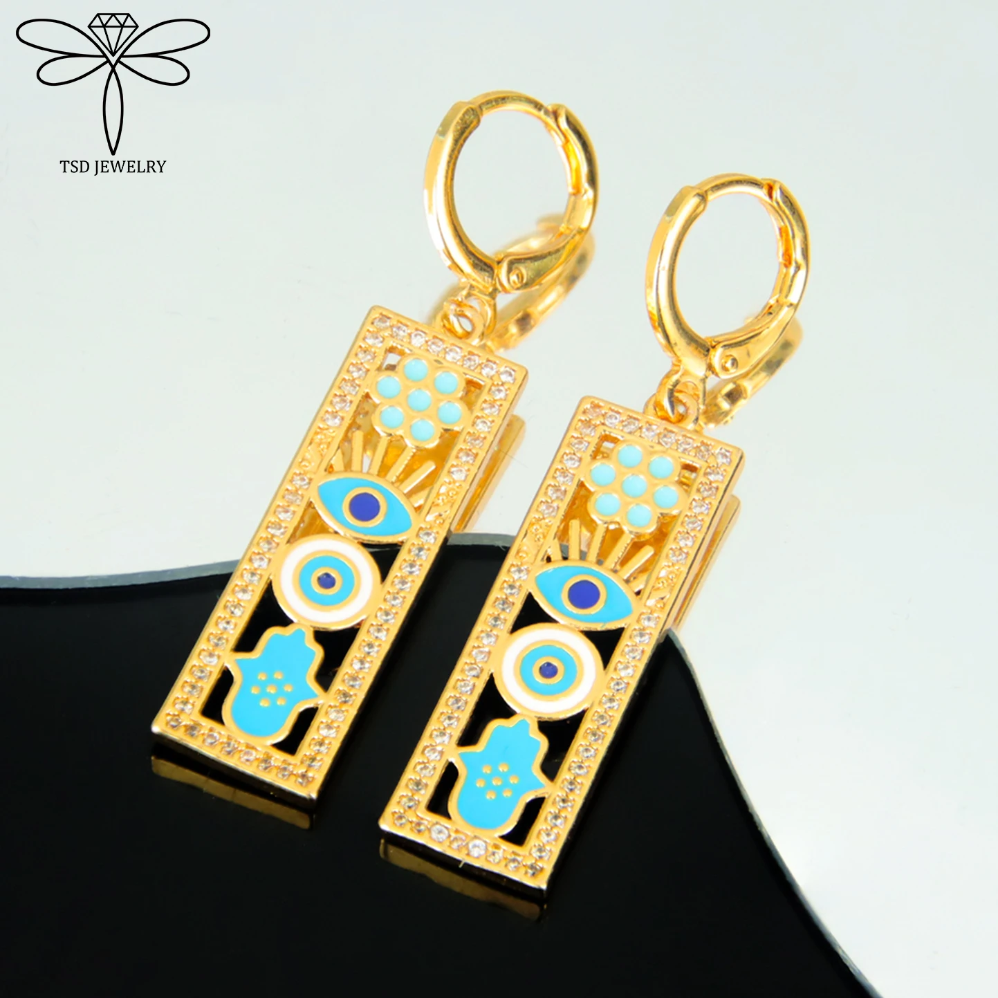 Dubai Hip Hop Clip Tropfen Ohrringe 21k vergoldet Rechteck türkische Vintage Augen baumelt Ohrring Nigeria Frauen Party Schmuck – Detail 1
