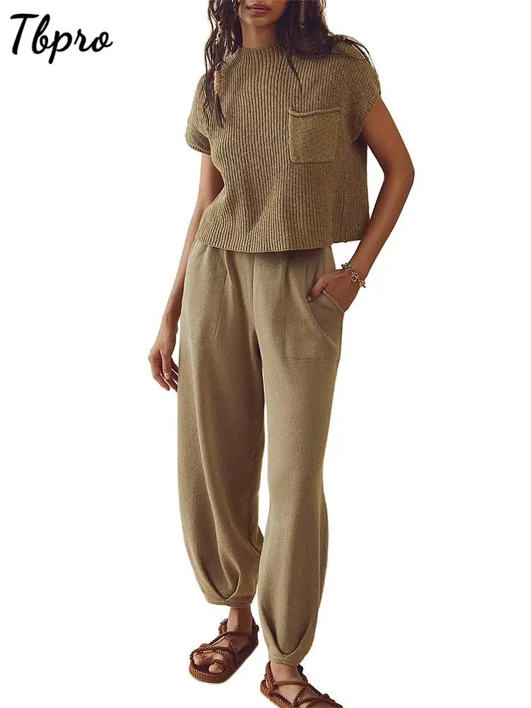 

O Neck Short Sleeve Sweater Knit Pants Set Women Loose Knitwear Pocket Trousers Suits 2023 Autumn Female's Streetwear Outfit