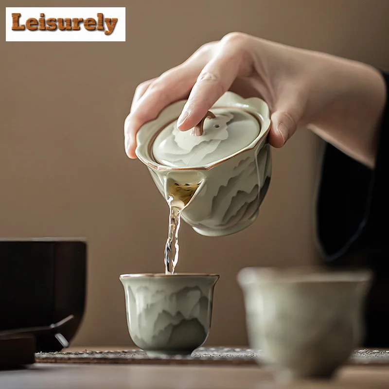 100ML Mountain Flower Ru Kiln Porcelain Teapot Vintage Tea Infuser Pot Tea Soaking Kettle with Filter Tableware Supplies Gift