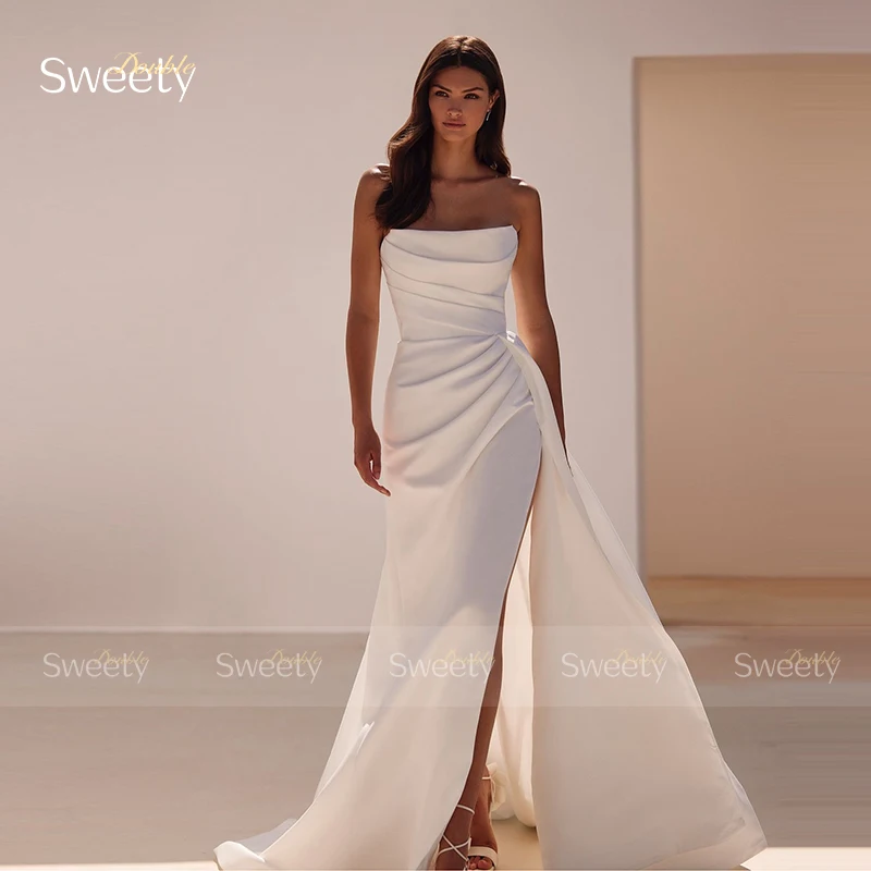 

Strapless Wedding Dress Satin Slit A Line With Ball Gown Sleeveless Bridal Gowns Back Zipper Elegant Robe De Mariee Plus Size