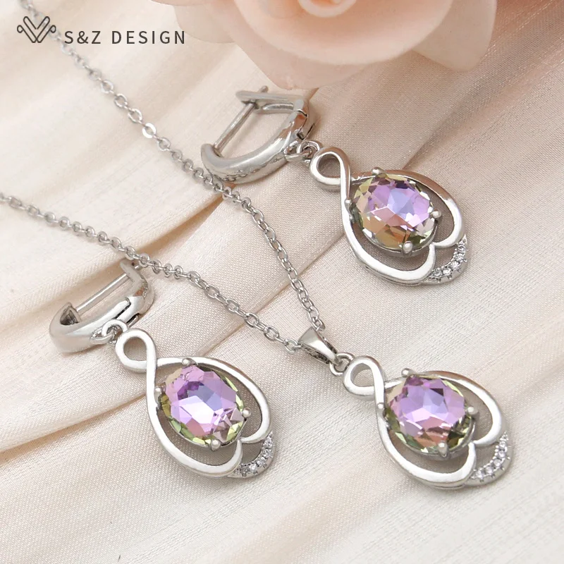 S&Z DESIGN New Fashion Egg Shape Oval Dangle Earrings Jewelry Sets For Women Cubic Zirconia 585 Rose Gold Color Pendant Necklace