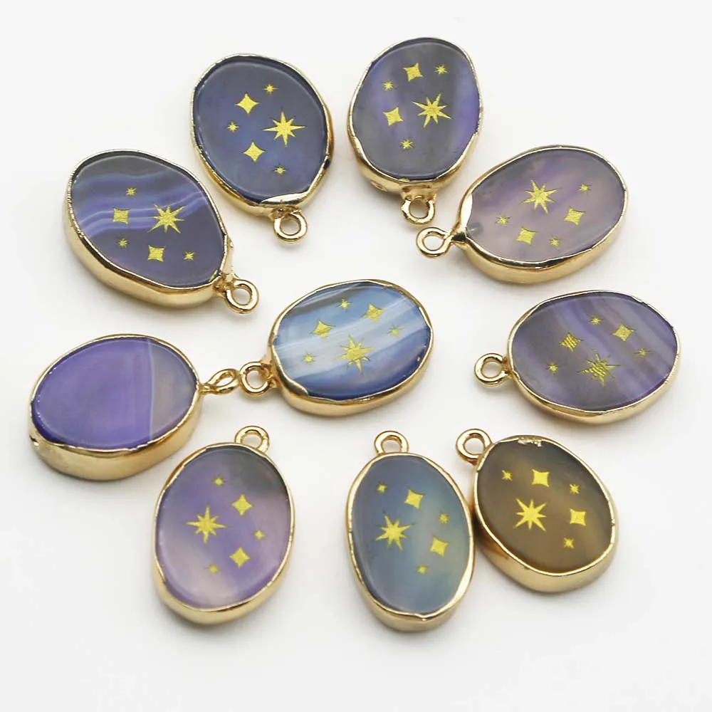 Natural Agate Jade Blue Crystal Powder Crystal Oval Star Pendant Necklace Fashion Charm Jewelry Accessories Gift Wholesale 10Pcs