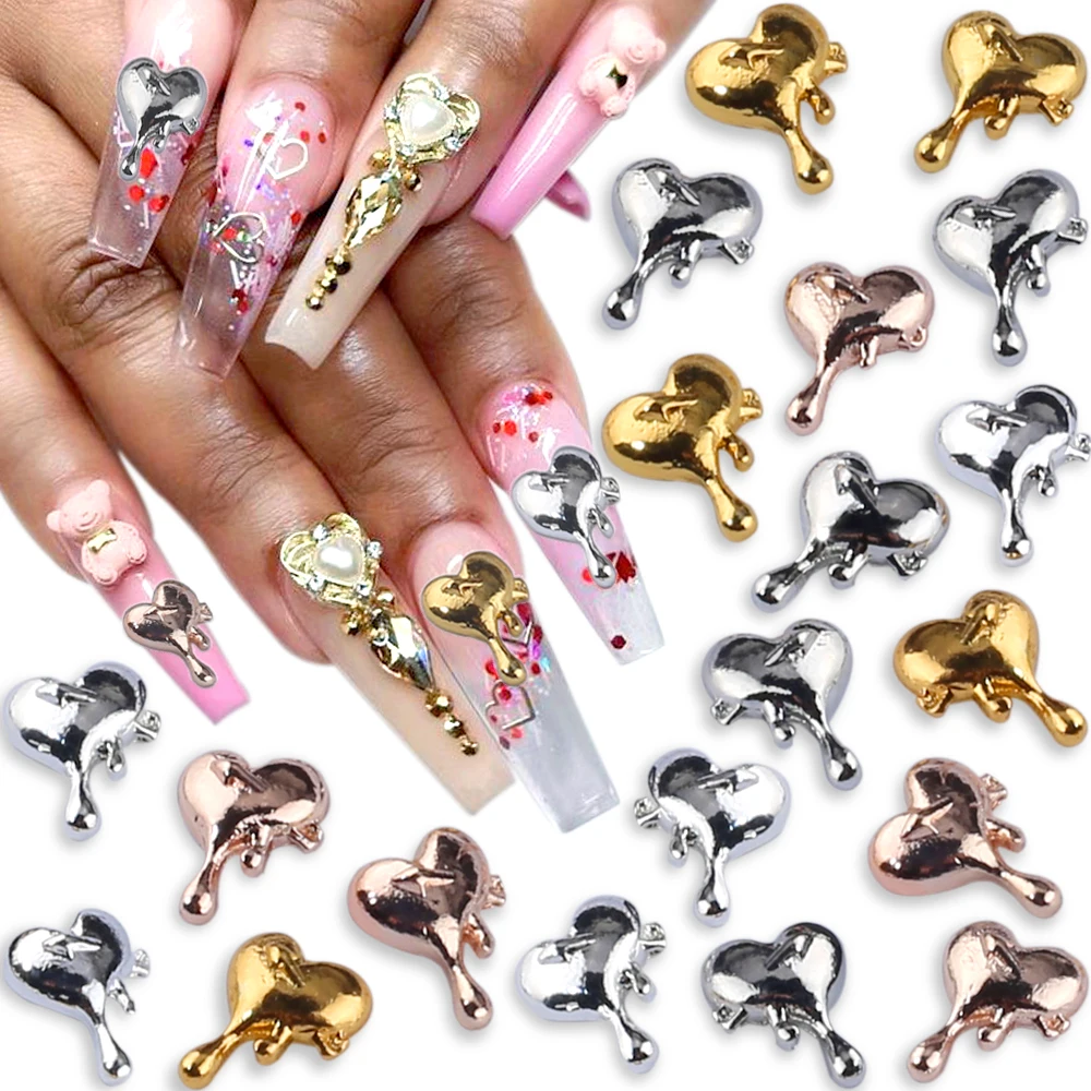 

10pcs Punk Chrome Heart Nail Charms 3D Droplets Lava Heart Nail Art Charms Irregular Alloy Hearts Charms for Nails Accessories