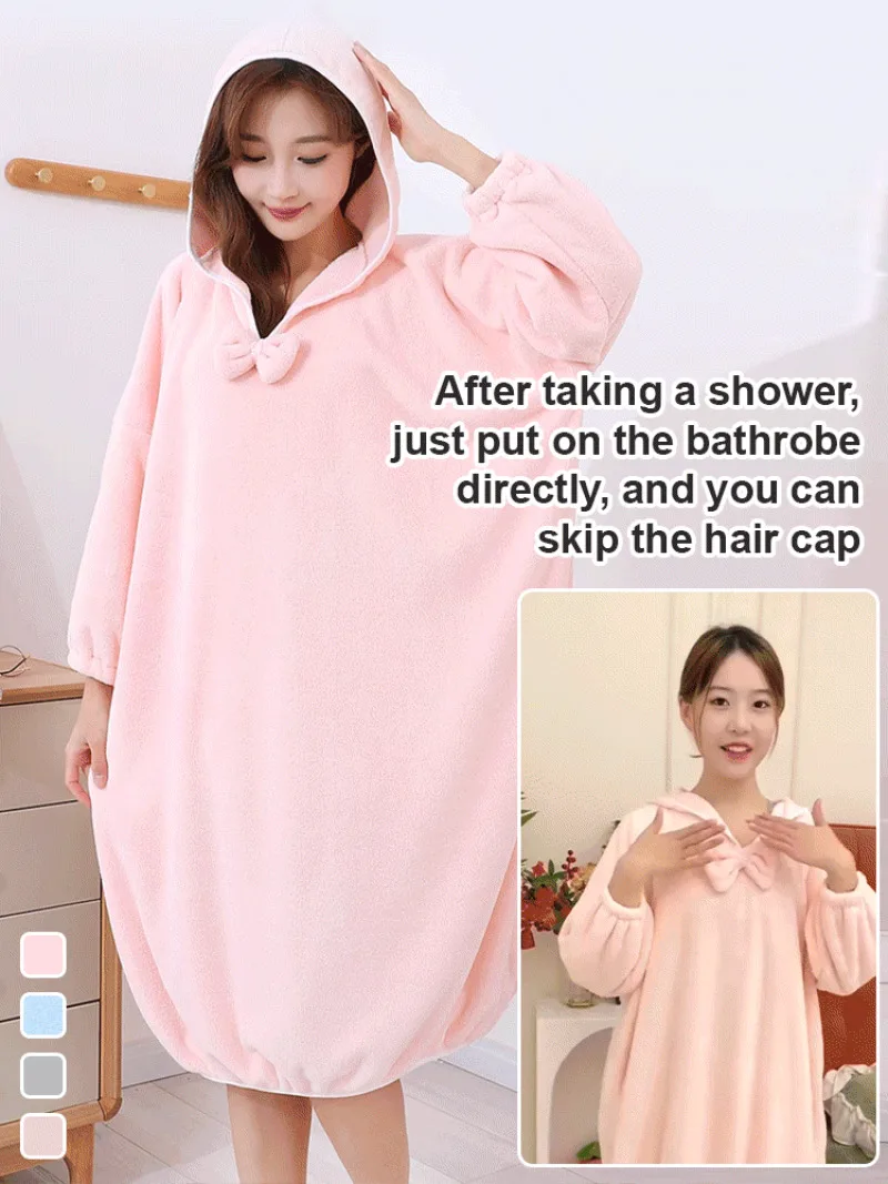 Long home bath skirt female wearable absorbent thickened household bath towel hooded coral velvet long-sleeved home Bath skirt