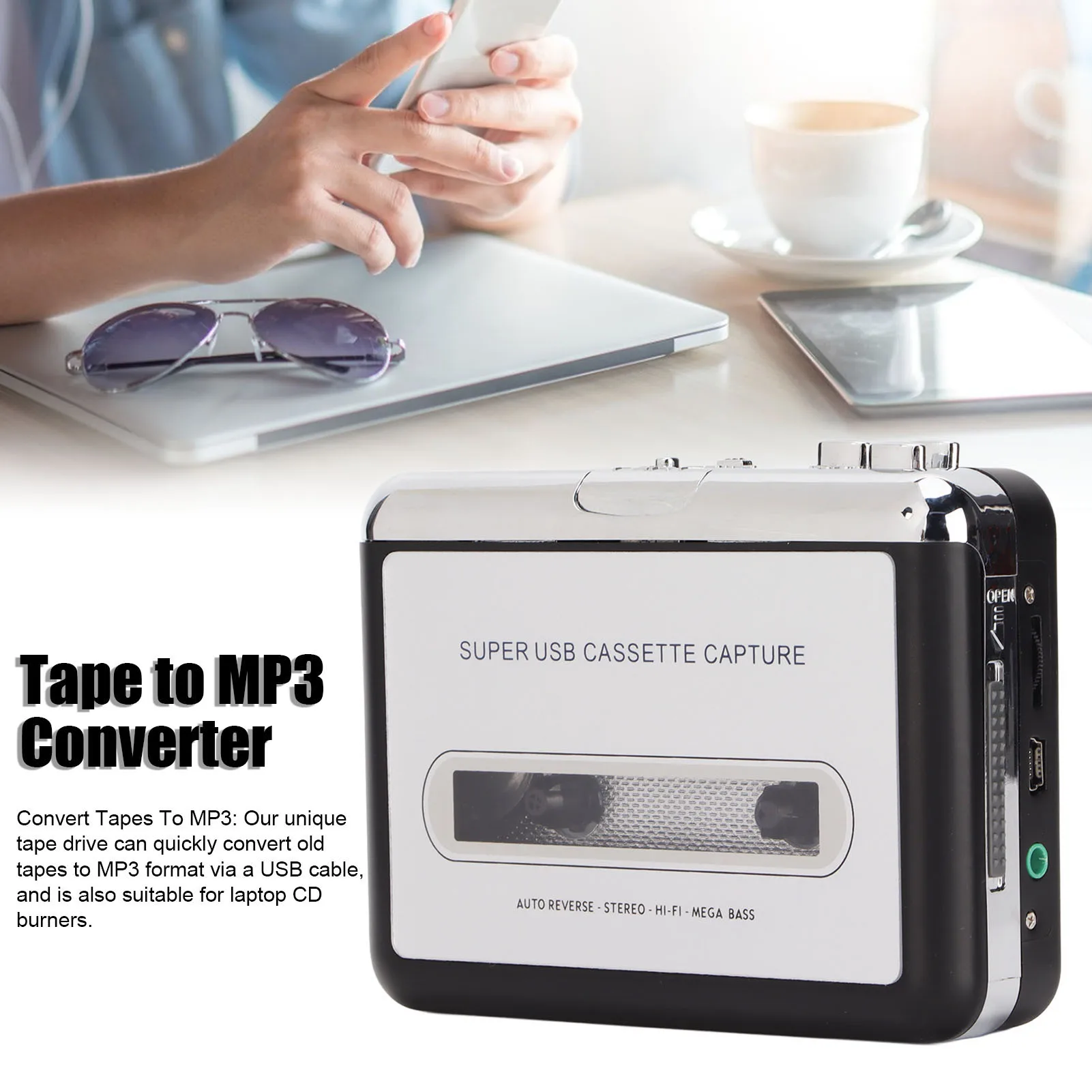 Portable Cassette Player Tape to MP3 Converter Stereo 3.5mm Portable USB Cassette Player with Earphone for Laptop PC