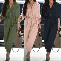 Summer 2023 Trendy Women's Casual Print Belted Workwear Jumpsuit High Waist Straight Leg Cotton Blend Multi-ket Overalls