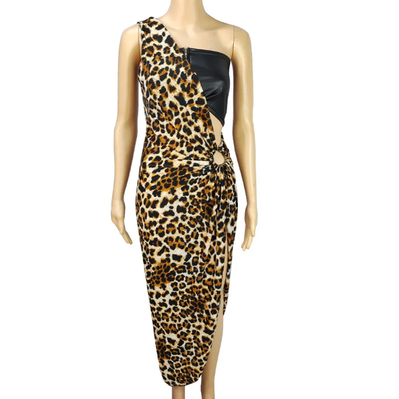 

New Irregular One Shoulder Leopard Long Dress Women Party Club Fashion Leopard Sexy Cutout Backless Maxi Dresses Black White