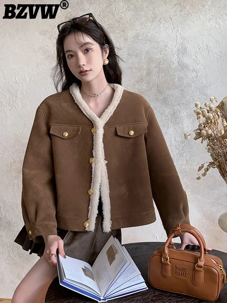 

BZVW Gold Buckle V-neck Loose Suede Fur One Piece Coat For Women 2023 Winter New Trend Vintage Casual Jacket Female 25X3837