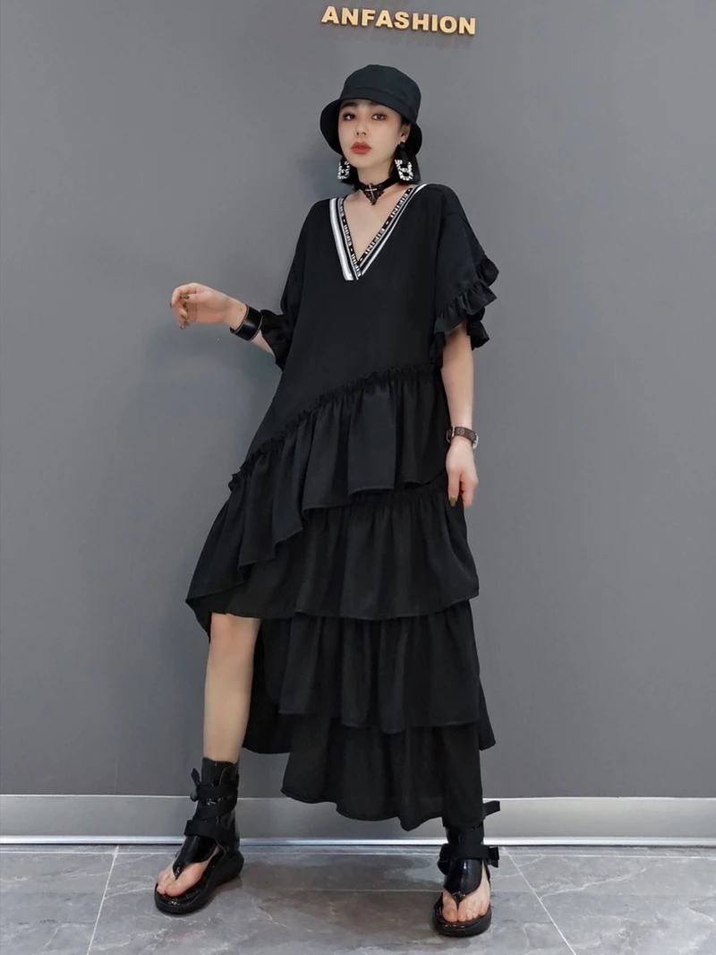 

New summer 2023 women dress black v-neck loose cake skirt dress tide comfortable loose vestido plus size femininas gordinha