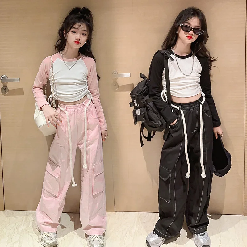 

Girls Clothes Set Autumn Fashion Drawstring Long Sleeve T-shirt+Cargo Pants 2Pieces Teenage Kids Outfits Casual Streetwears Suit