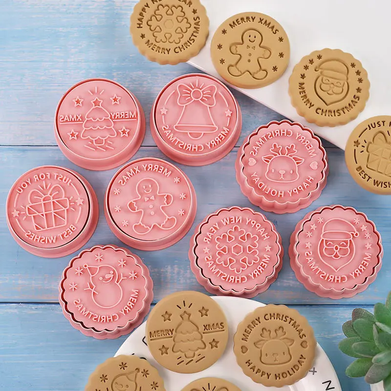 Cookie Cutter Cookie Mould Fondant Cutter Pastry Cutter 8Pcs Christmas Cookie Cutter Set Round XMAS Tree Gingerbread Man Deer Snowflake Fondant Embosser Stamp Christmas Party Supplies