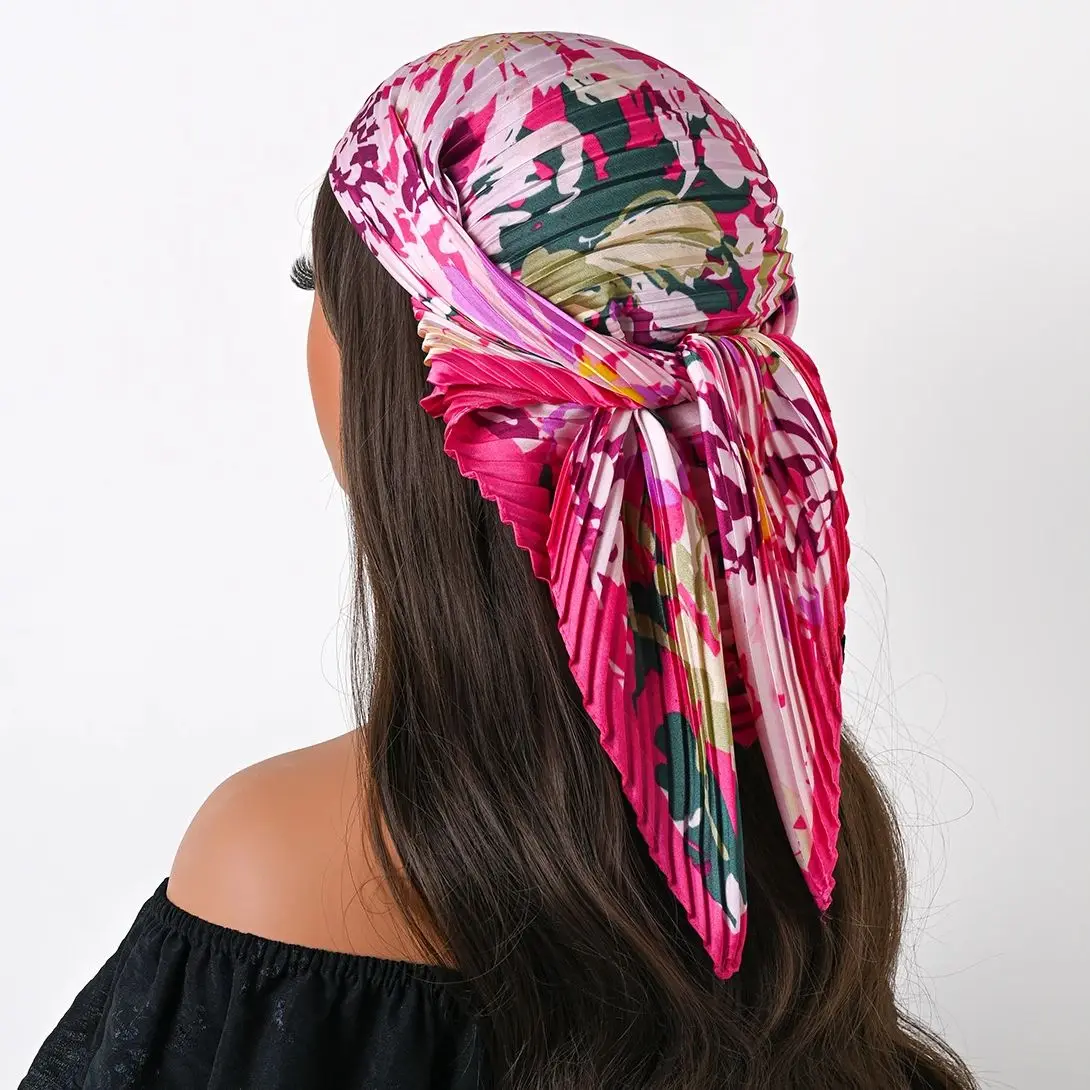 Four Seasons New 70cm Silk Pleated Scarf Print Small Scarves Square Scarf Satin Neckerchief Decorative Headscarf Bandana 2025
