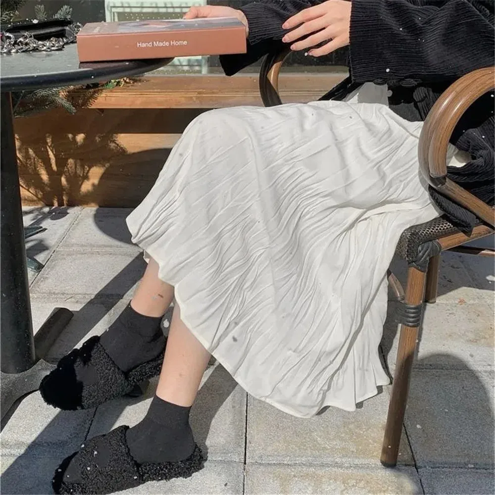 Japanese Elegant Irregular Wrinkled Long Skirt Women High Waist Wrinkled Black White Pleated Skirt 2022 Korean Gothic Midi Saia