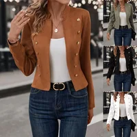 Women Jacket Stand Collar Long Sleeve Double Breasted Short Suit Coat Solid Color Business Outerwear - Image 5