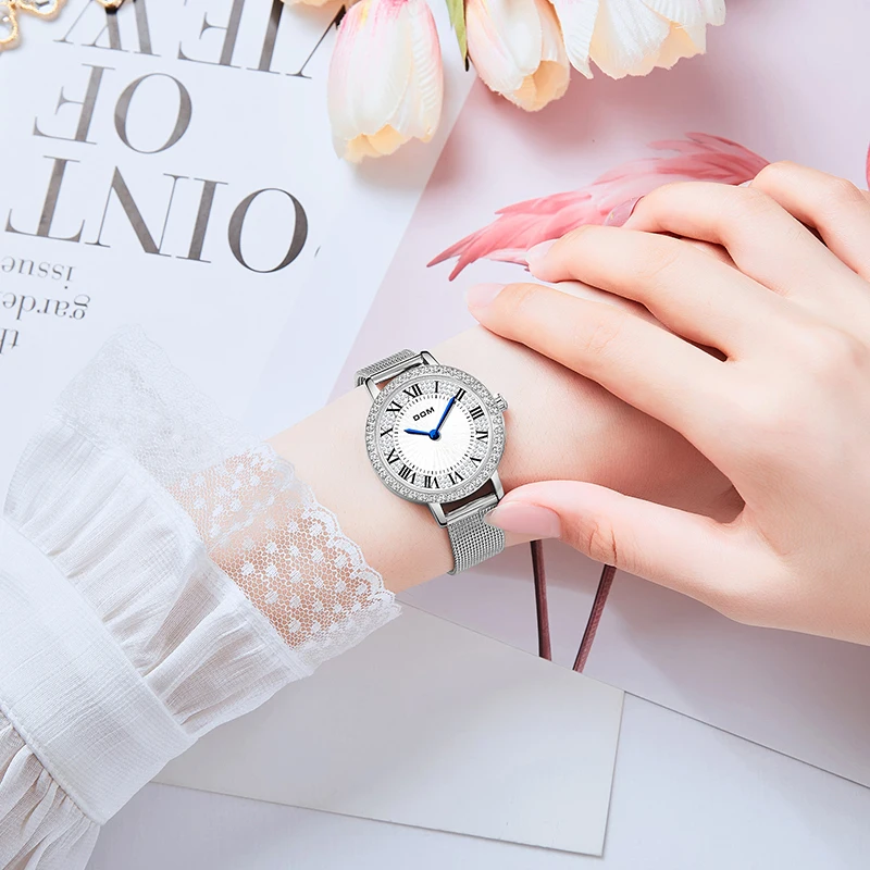 DOM Ladies Watch Full Diamond Dial Watch Ladies Bracelet Mesh Strap Quartz Watch Ladies Ladies Clock Relogio Mujer Hot G-1518