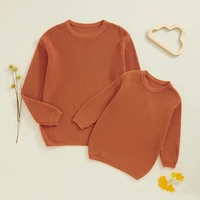 Autumn Winter Fashion Mommy and Me Matching Sweaters Solid Color Ribbed Long Sleeve Round Neck Chunky Knit Tops 2