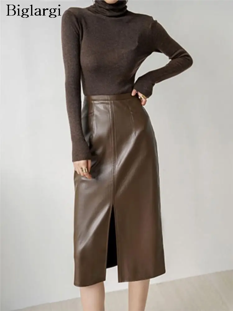 

PU Autumn Winter Midi Leather Skirt Women Split Fashion Bodycon Sexy Ladies Skirts Office High Waist Woman Skirt 2023